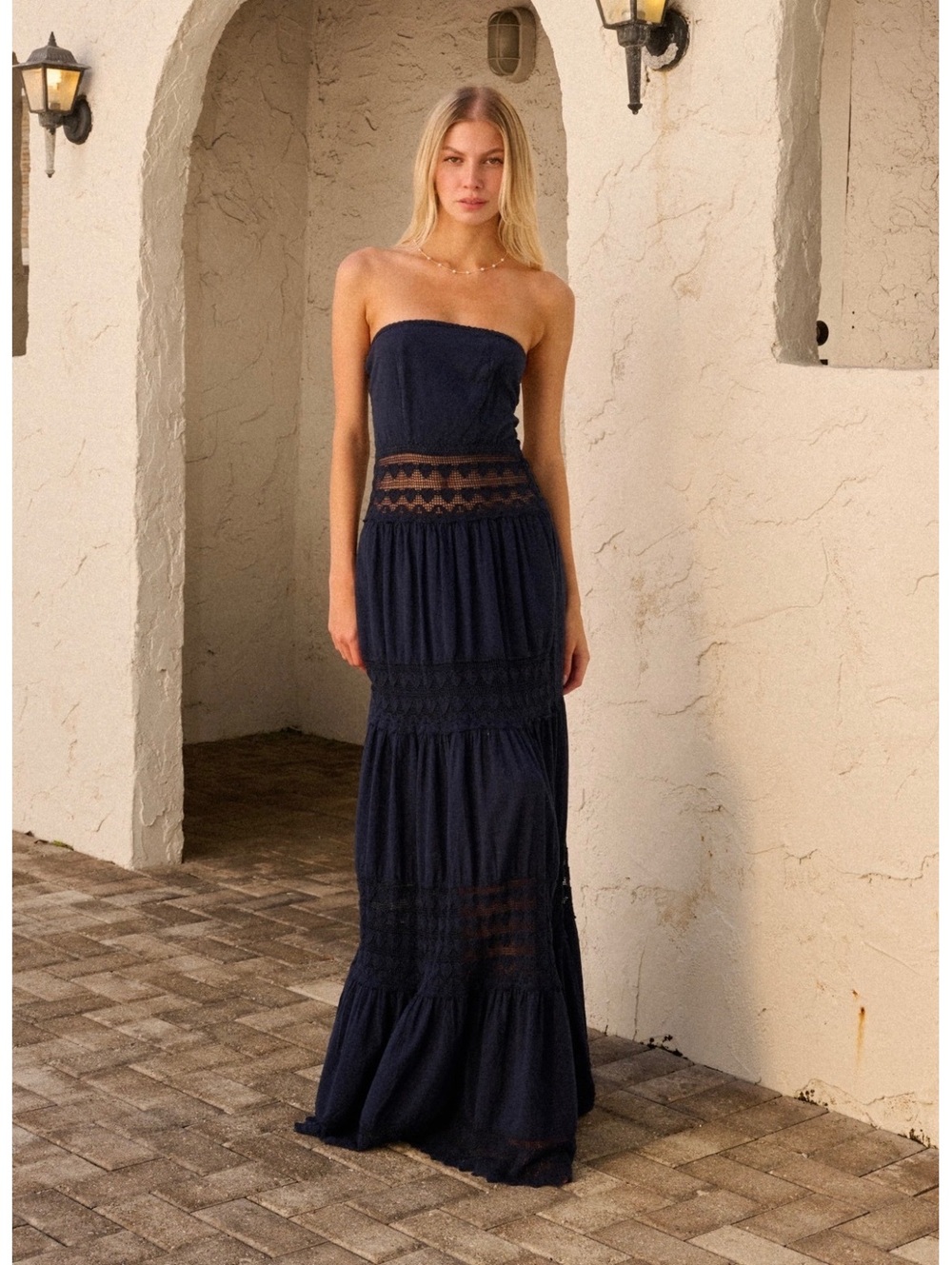Blanco by Nature Cotton Eyelet Lace Tiered Strapless Maxi Dress Navy NWT XL